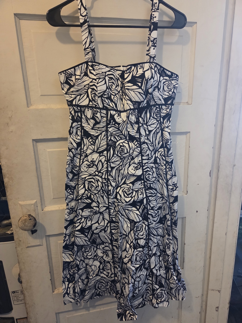 Black and White Floral Stripe-Trim Midi Dress